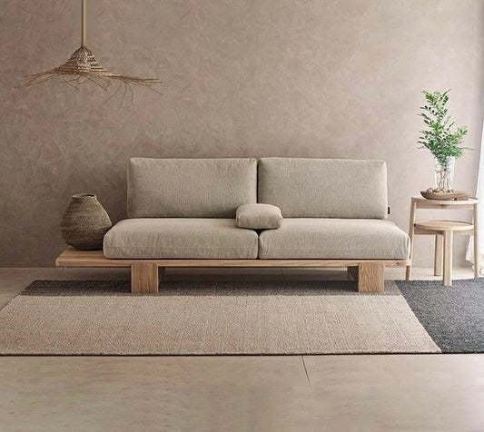 Boucle sofa in Japandi style living room - The Flamingo Life