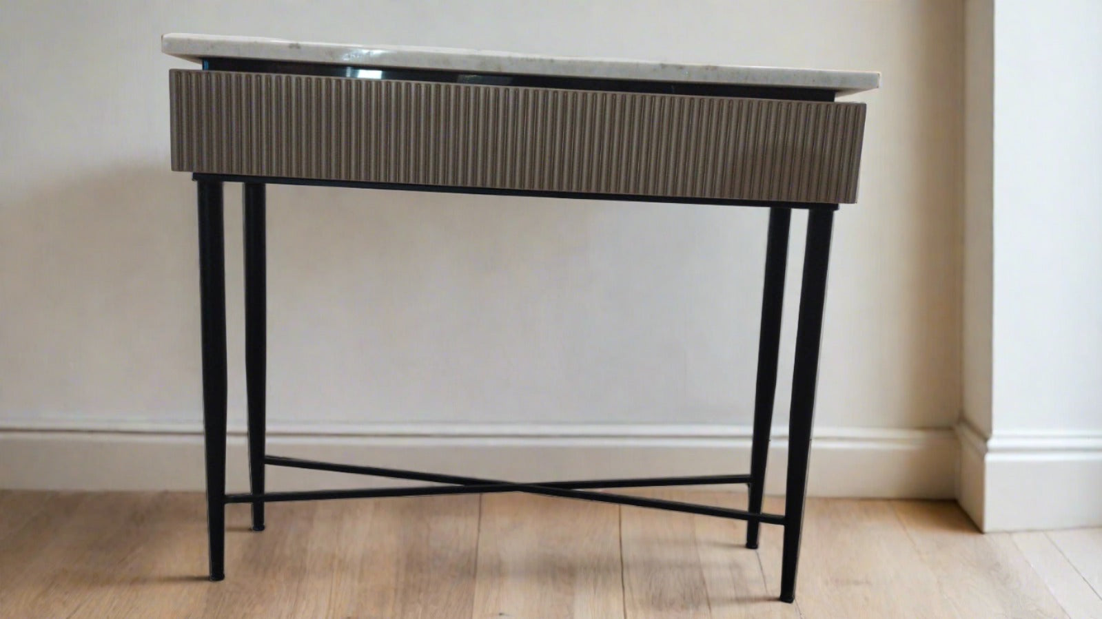 Perini Marble Top Entry Console lifestyle view - marble console table - The Flamingo Life