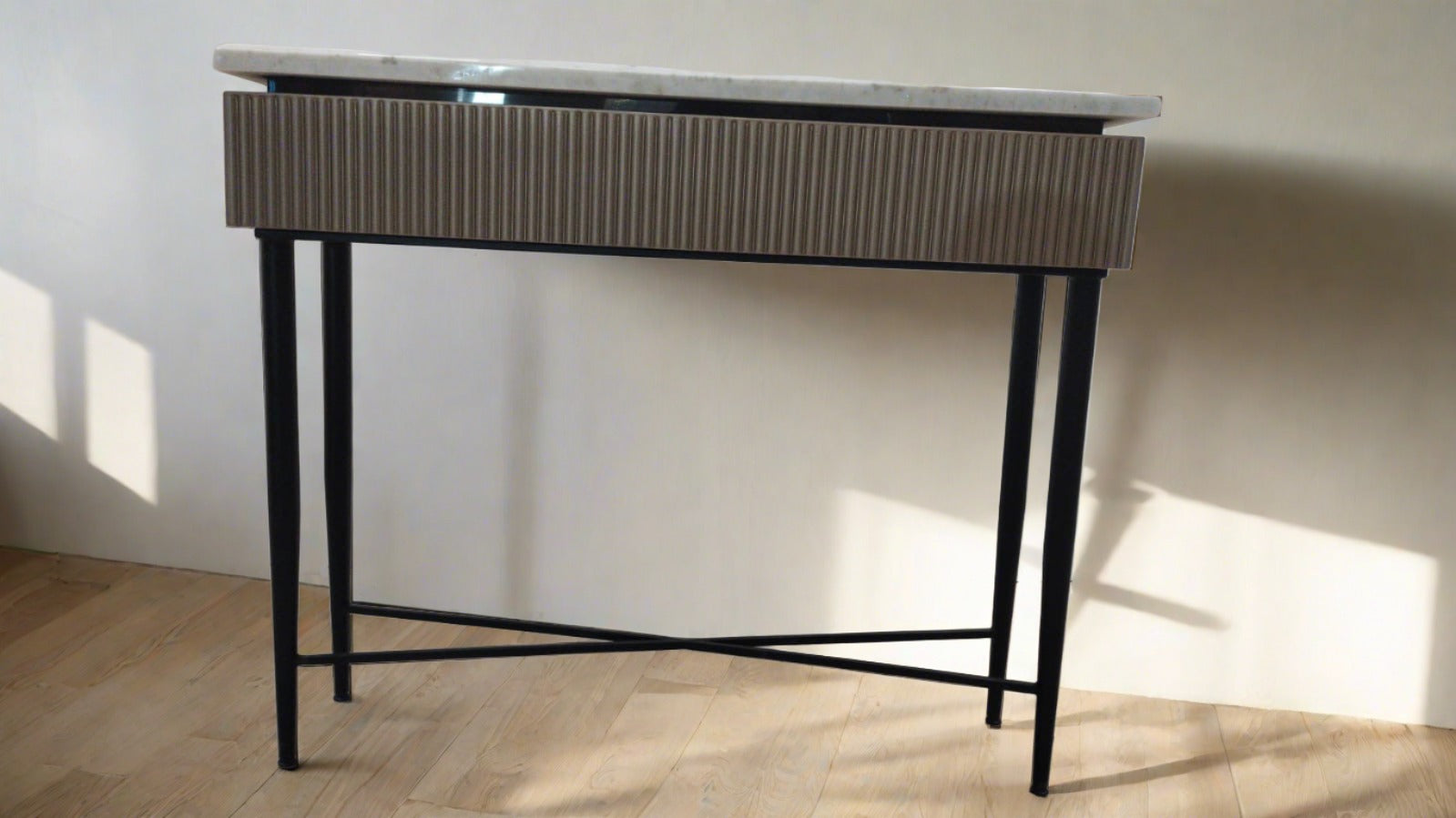 Perini Marble Top Entry Console close-up - marble console table - The Flamingo Life