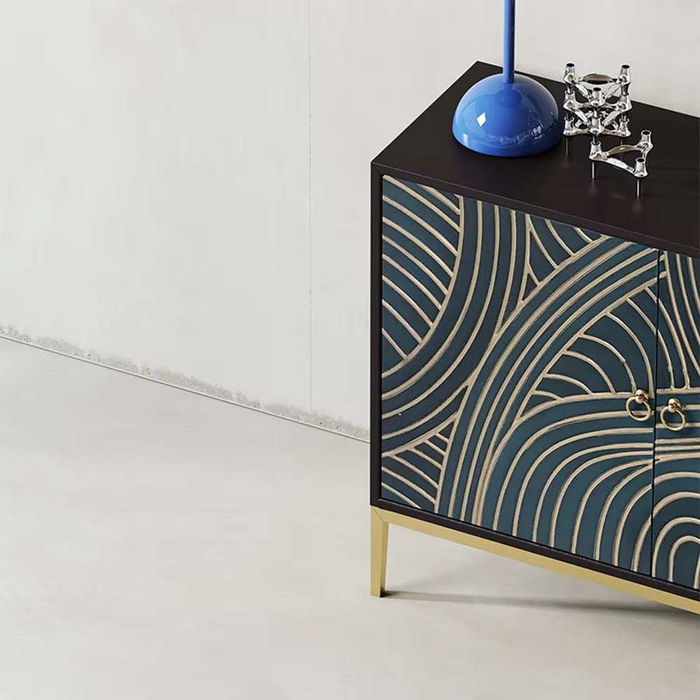 Elegant Golden Patterned SideBoard lifestyle view - gold-accented sideboard - The Flamingo Life