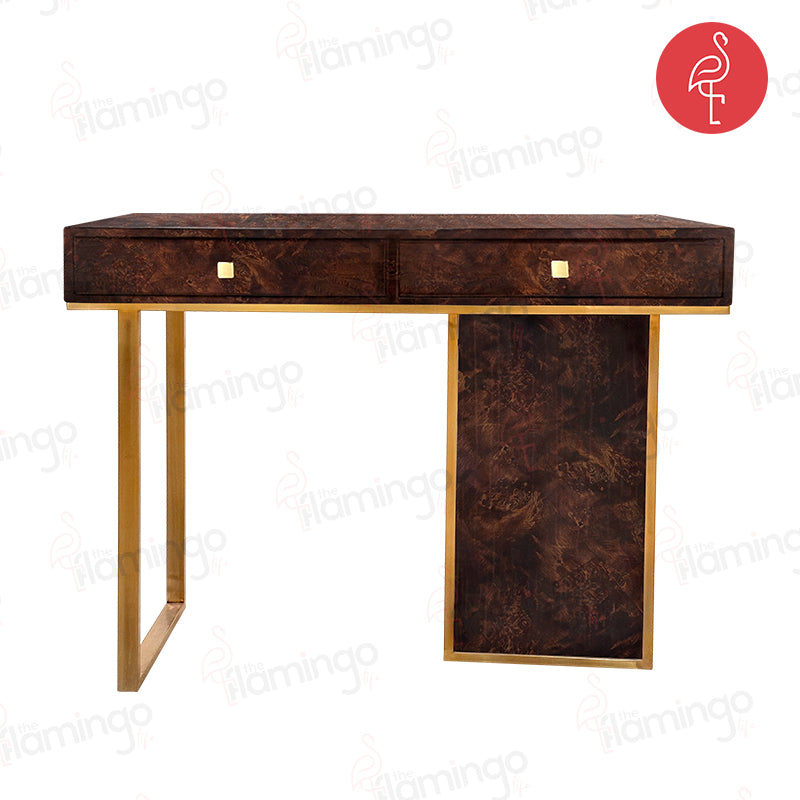 Camilia Burnt Veneer Gold Lux Console side view - wood veneer console table - The Flamingo Life