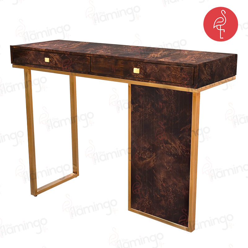 Camilia Burnt Veneer Gold Lux Console detail view - wood veneer console table - The Flamingo Life