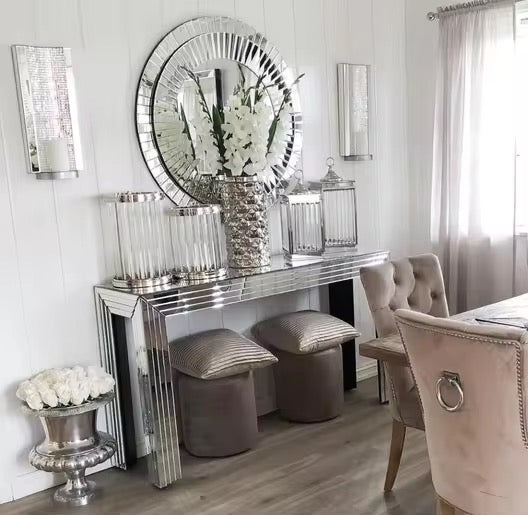 Claudia Mirror Entryway Console lifestyle view - tempered glass console table - The Flamingo Life