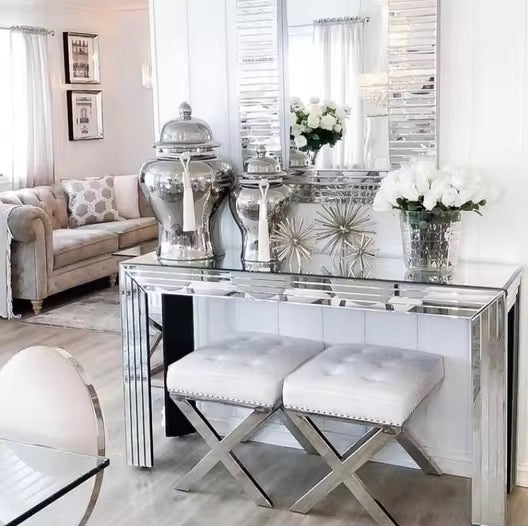 Claudia Mirror Entryway Console close-up - tempered glass console table - The Flamingo Life