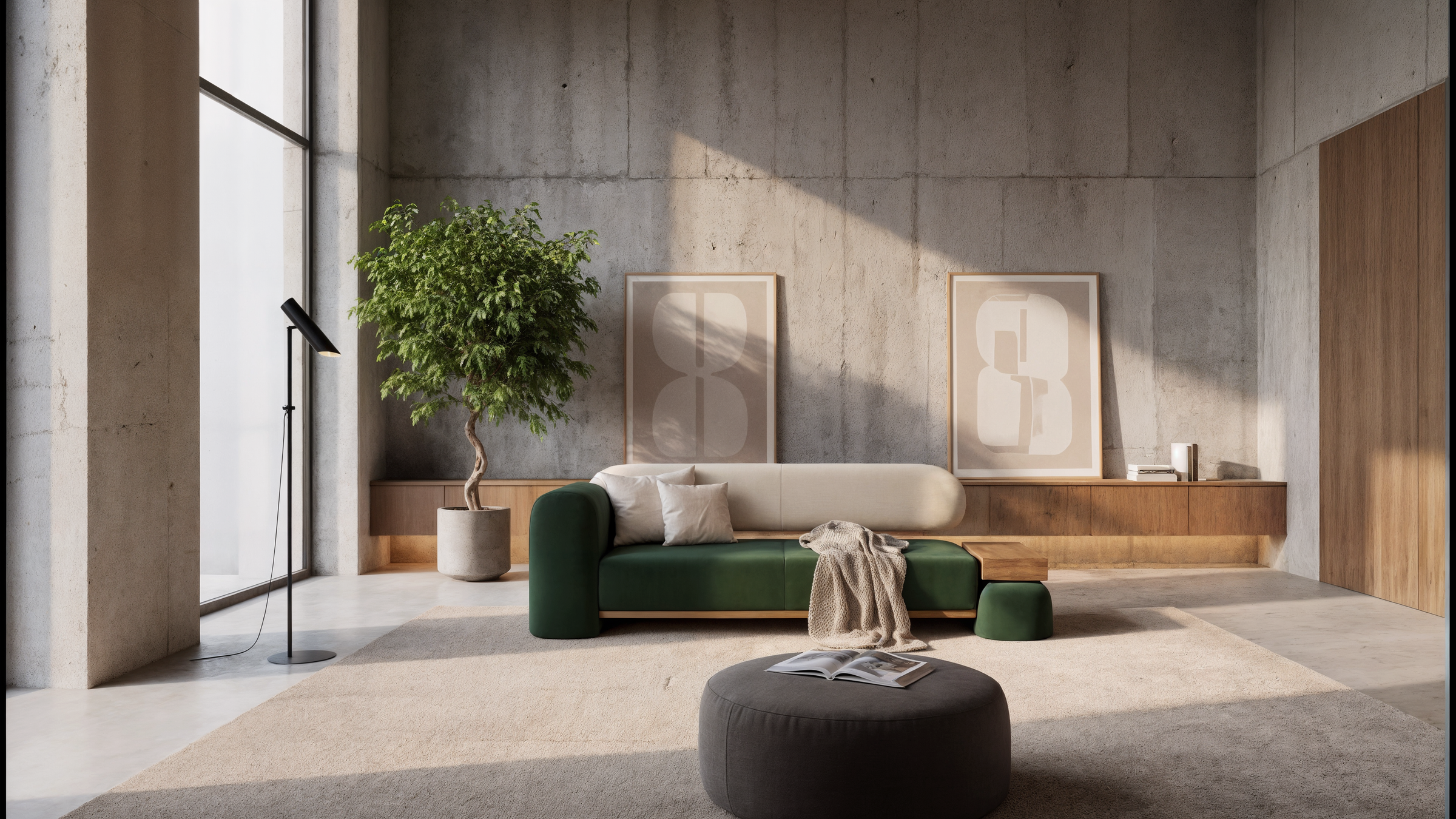 Modern living room with a green sofa, ottoman, and plant.