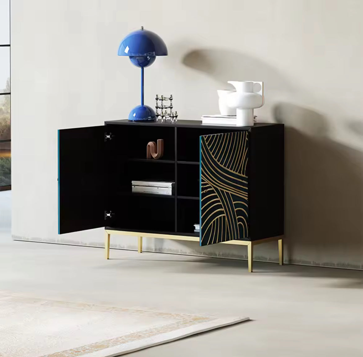 Elegant Golden Patterned SideBoard angle view - gold-accented sideboard - The Flamingo Life