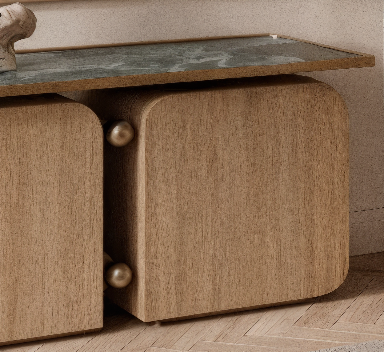 The Duo Console detail view - marble console table - The Flamingo Life