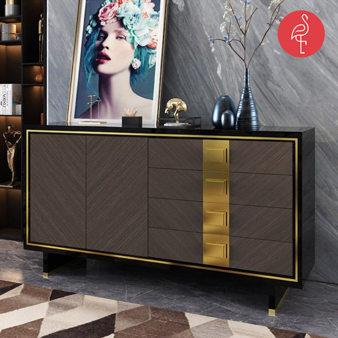 Estoria Console detail view - wood veneer console table - The Flamingo Life