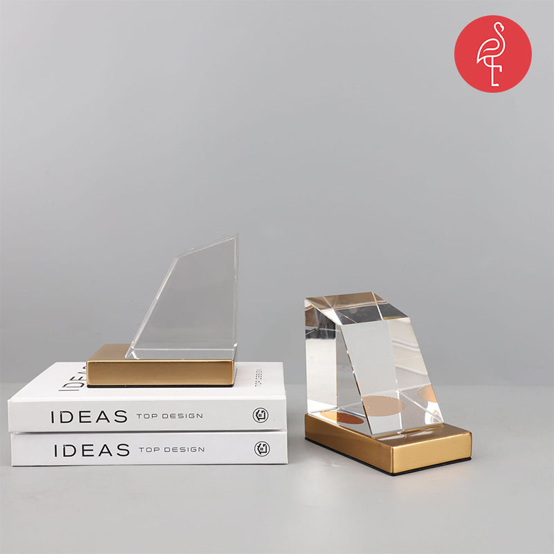 Crystalline Bookend with Golden Base – angle view – luxury bookend India – The Flamingo Life