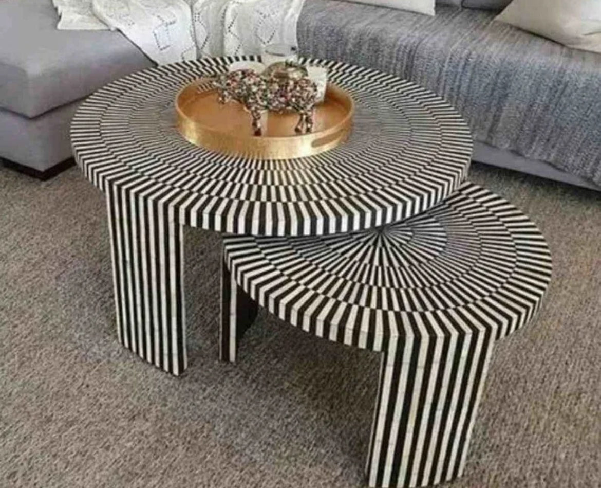 Bone Inlay Nesting Coffee Table Set side view - bone inlay coffee table - The Flamingo Life