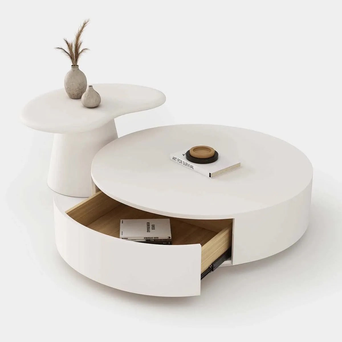 Ivory elegant coffee table set side view - wood veneer coffee table - The Flamingo Life