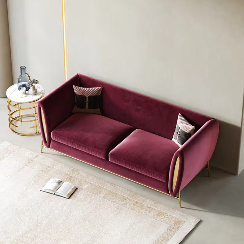 Ylva Abstract Mettalic Arm Couch side view - suede upholstery sofa - The Flamingo Life