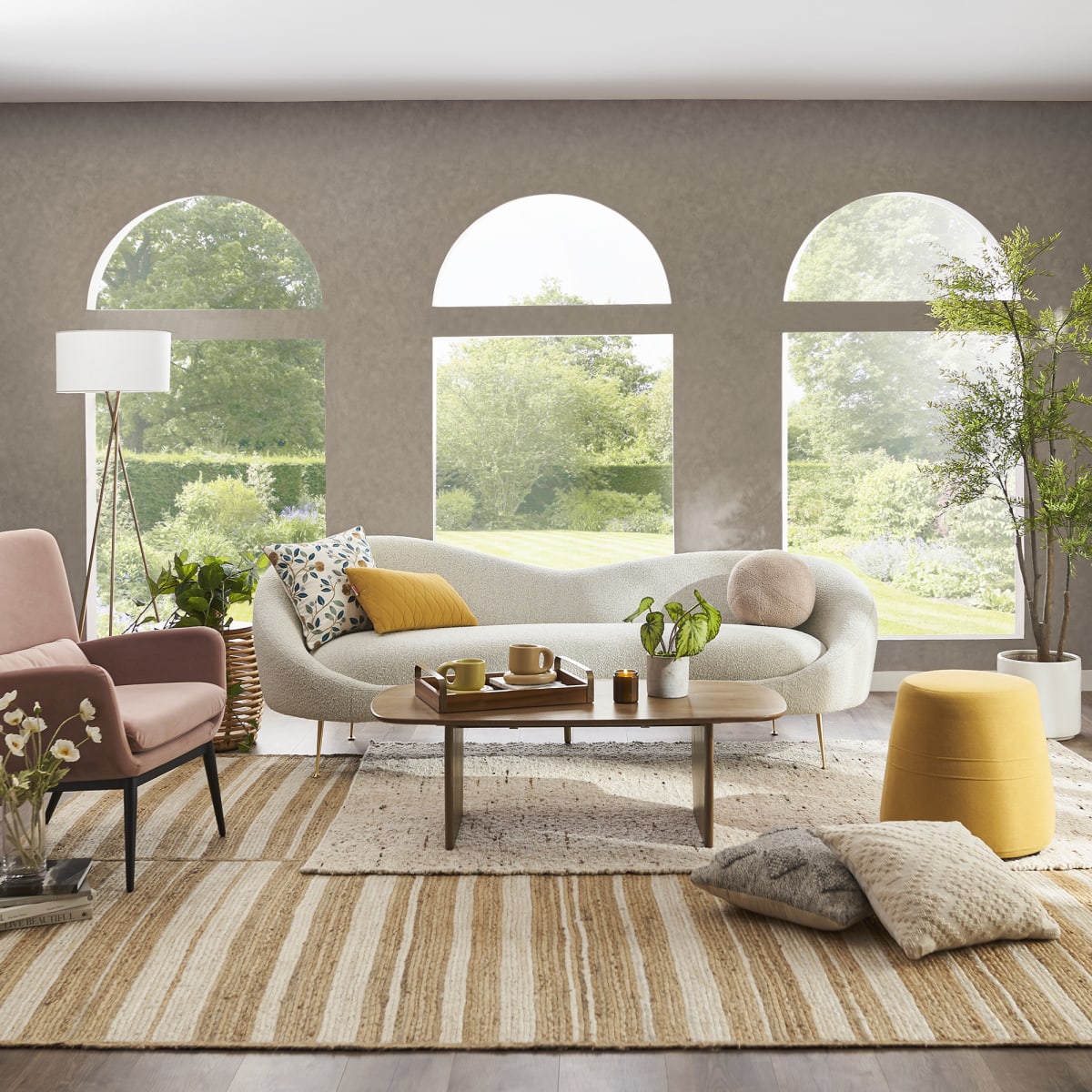 Sofia Love Seat lifestyle view - boucle fabric love seat - The Flamingo Life