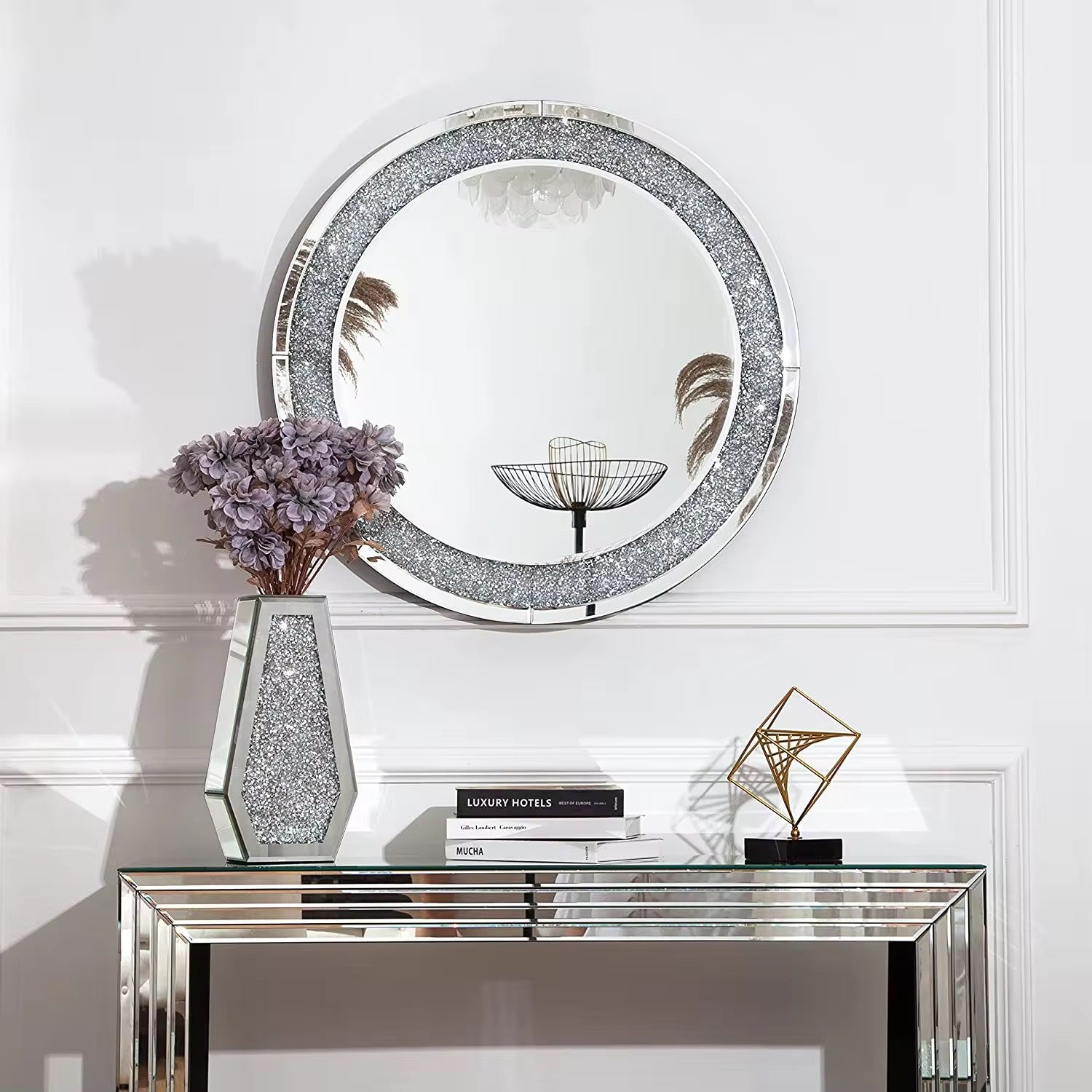Claudia Mirror Entryway Console detail view - tempered glass console table - The Flamingo Life