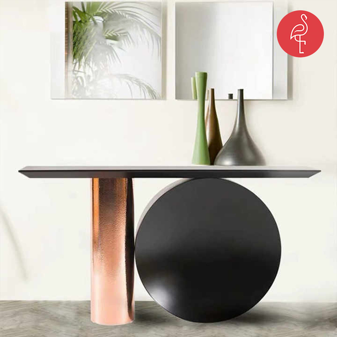 Duglus Luxury Console close-up - velvet upholstery console table - The Flamingo Life