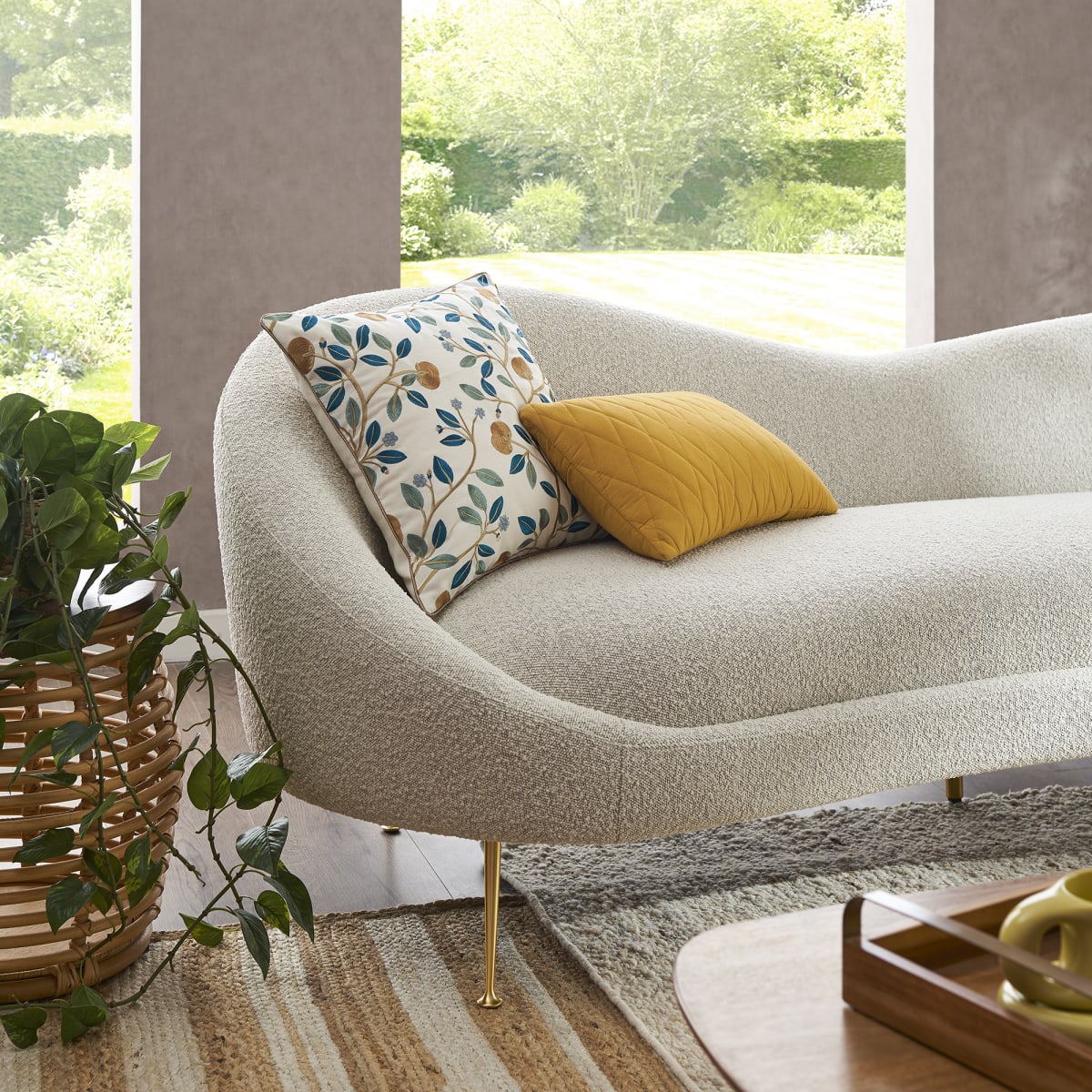Sofia Love Seat close-up - boucle fabric love seat - The Flamingo Life