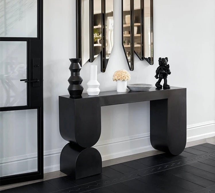 Hourglass Entryway/Foyer Console side view - tempered glass console table - The Flamingo Life