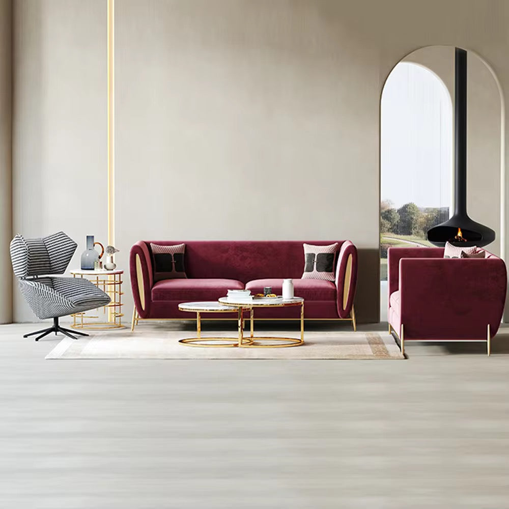 Ylva Abstract Mettalic Arm Couch close-up - suede upholstery sofa - The Flamingo Life