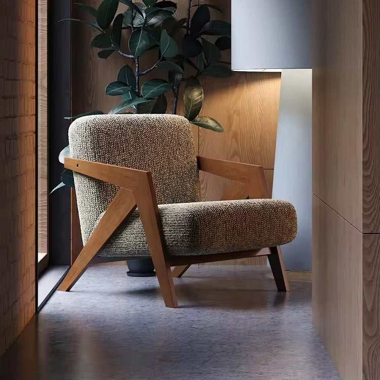 Arrow Arm Accent Chair angle view - boucle fabric accent chair - The Flamingo Life