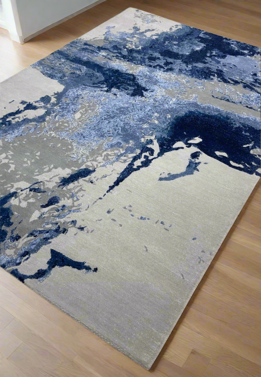 Oceanic Blue Hand Tufted Carpet – detail view – luxury hand tufted carpet India – The Flamingo Life
