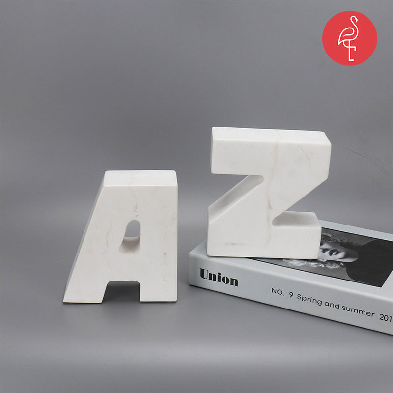 AZ White Marble Bookend – angle view – luxury marble bookend India – The Flamingo Life