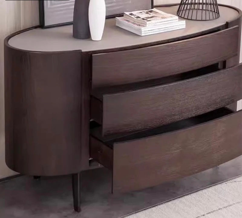 Marine Wooden Console Table With Marble Top angle view - marble console table - The Flamingo Life