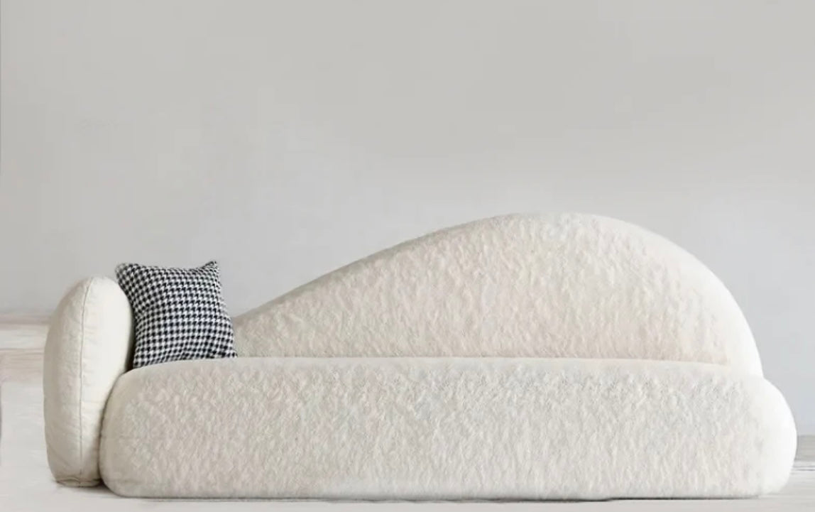 Irena Love Seat side view - boucle fabric love seat - The Flamingo Life