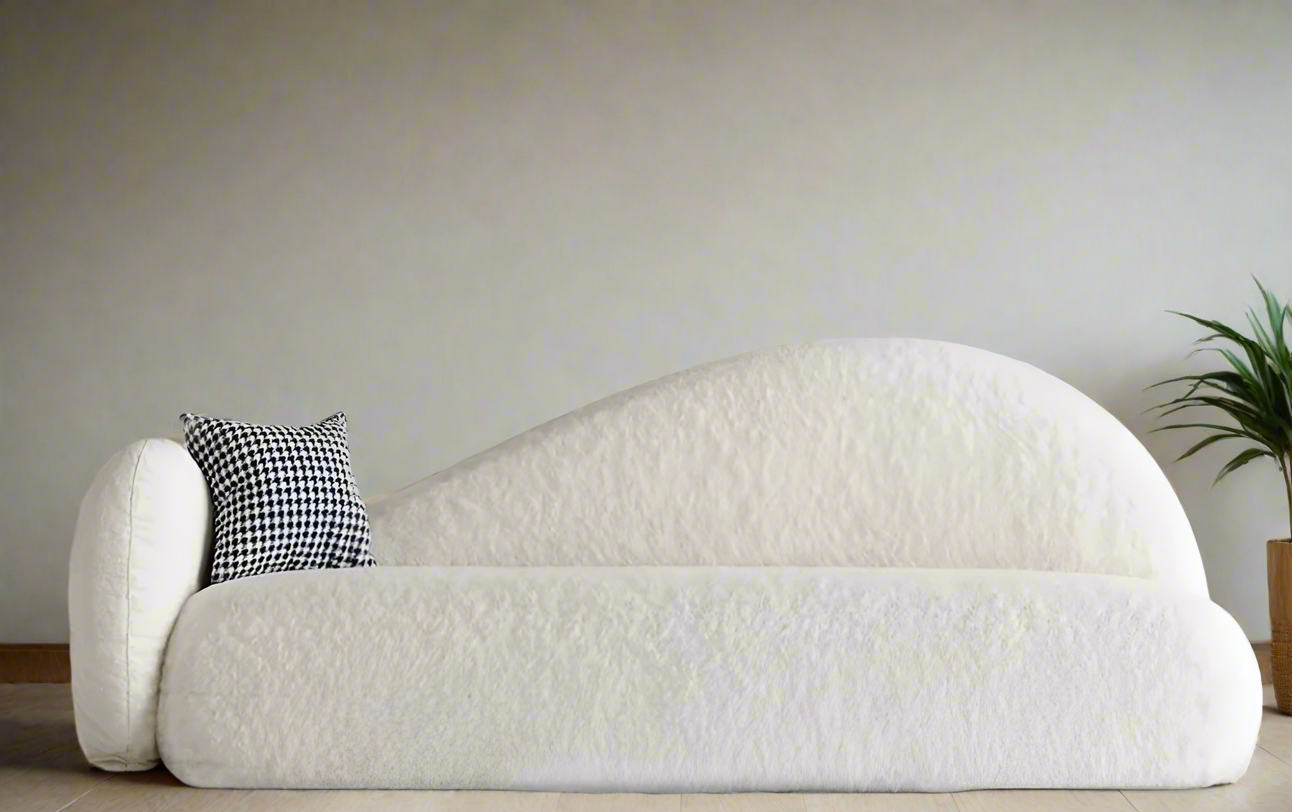 Irena Love Seat detail view - boucle fabric love seat - The Flamingo Life