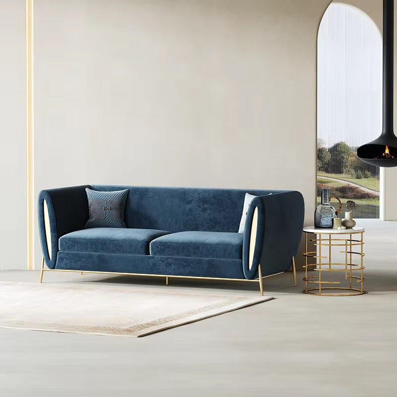 Ylva Abstract Mettalic Arm Couch detail view - suede upholstery sofa - The Flamingo Life