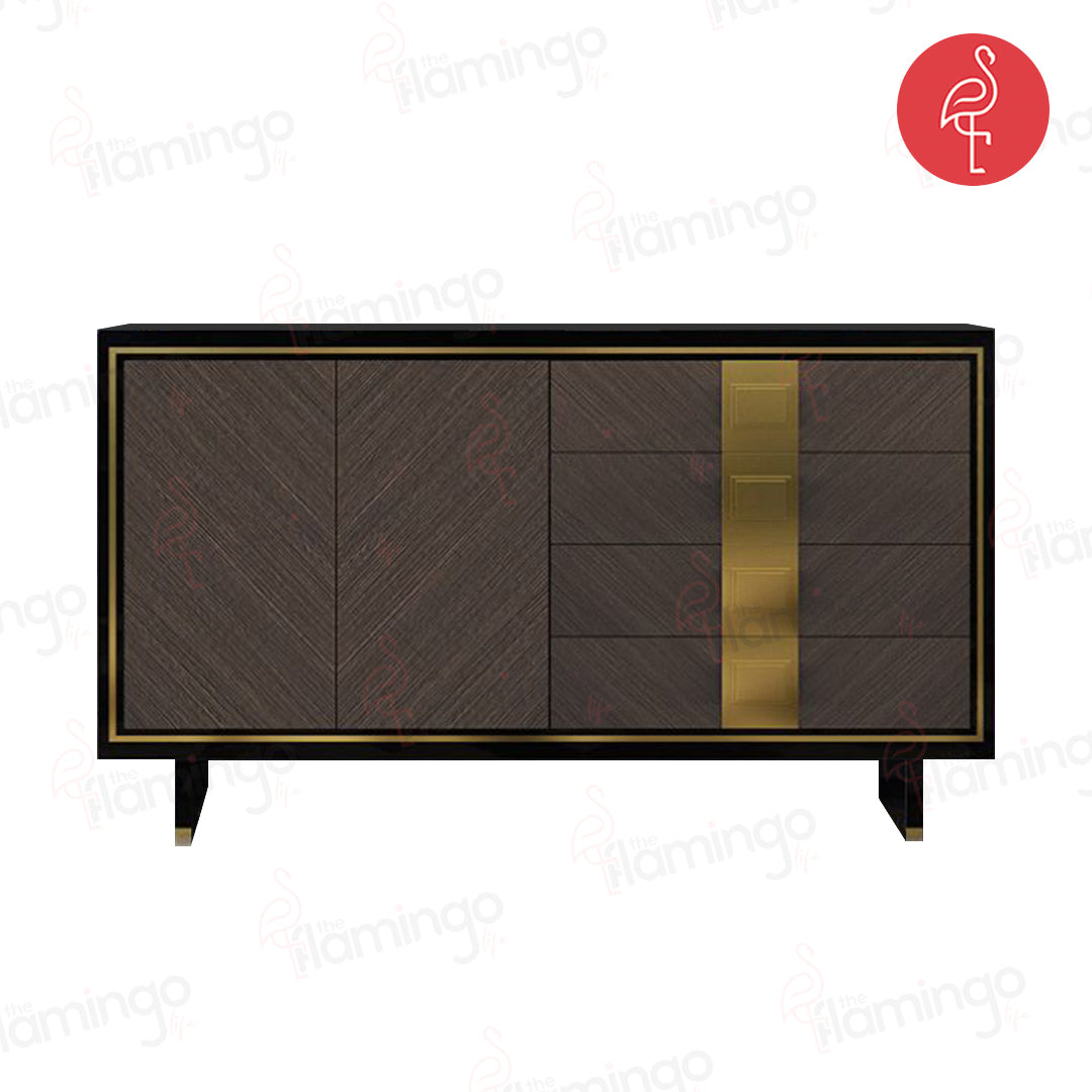 Estoria Console angle view - wood veneer console table - The Flamingo Life