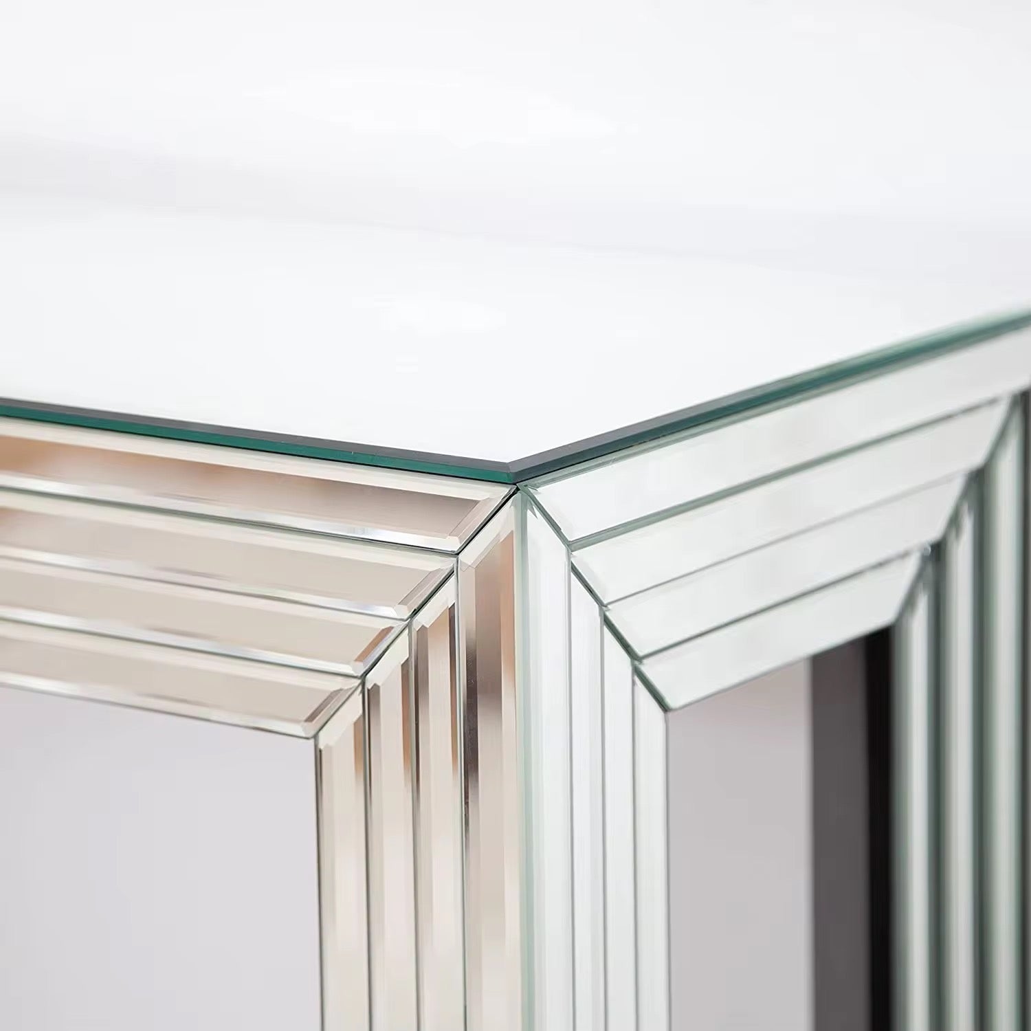 Claudia Mirror Entryway Console side view - tempered glass console table - The Flamingo Life