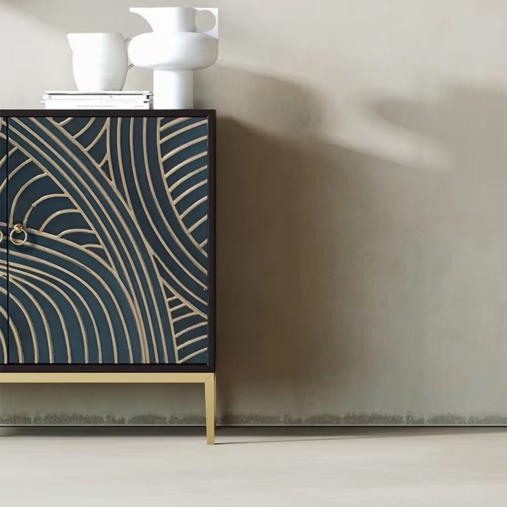 Elegant Golden Patterned SideBoard close-up - gold-accented sideboard - The Flamingo Life