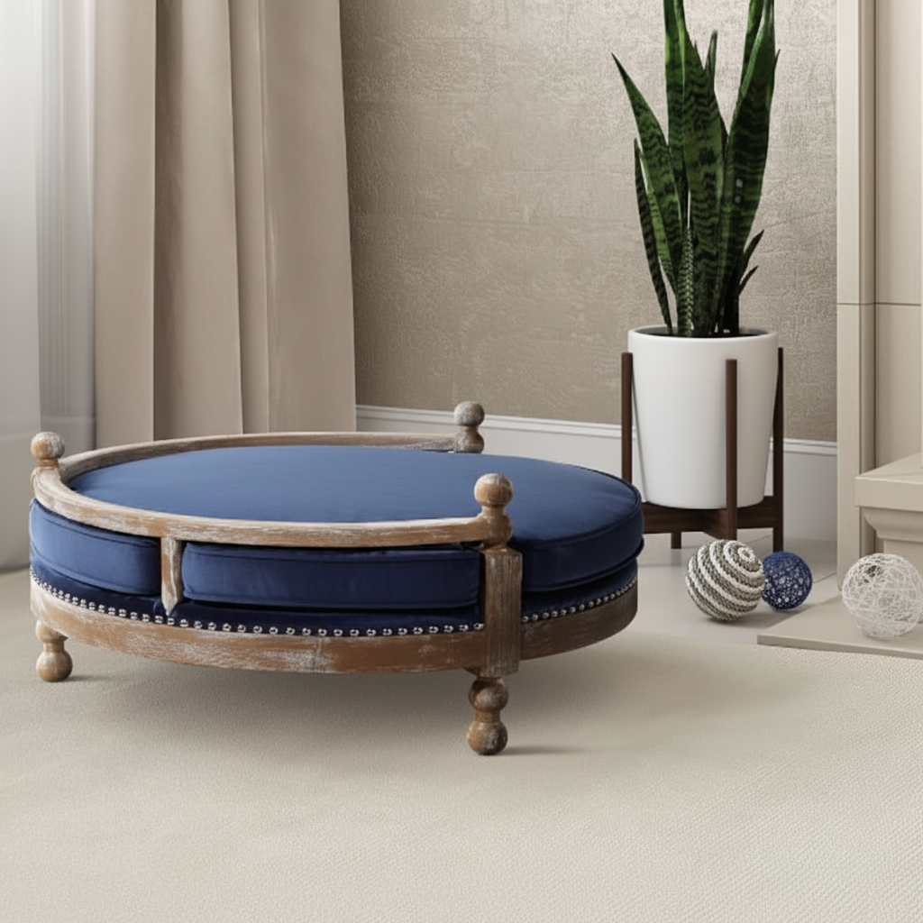 Tsuki Tuck Round Teak Pet Nest Bed – side view – luxury pet bed India – The Flamingo Life
