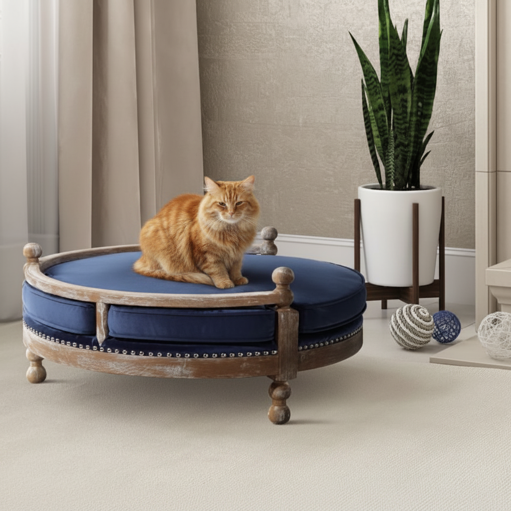 Tsuki Tuck Round Teak Pet Nest Bed – lifestyle view – luxury pet bed India – The Flamingo Life