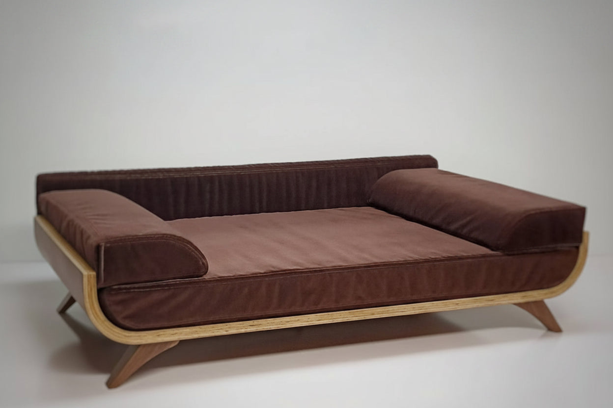Sora Settle Teak Elevated Pet Daybed – side view – luxury teak pet bed India – The Flamingo Life