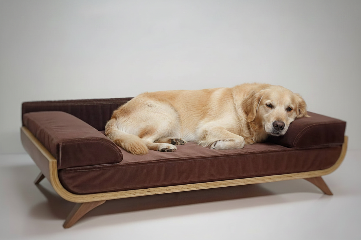 Sora Settle Teak Elevated Pet Daybed – front view – luxury teak pet bed India – The Flamingo Life