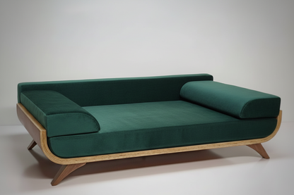 Sora Settle Teak Elevated Pet Daybed – lifestyle view – luxury teak pet bed India – The Flamingo Life