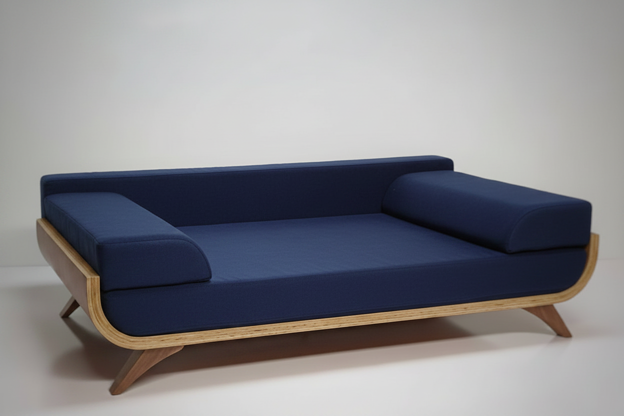 Sora Settle Teak Elevated Pet Daybed – detail view – luxury teak pet bed India – The Flamingo Life