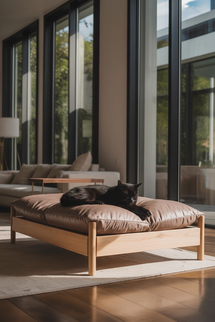 Sabi Slumber Solid Teak Pet Sofa Bed – side view – luxury teak pet sofa India – The Flamingo Life