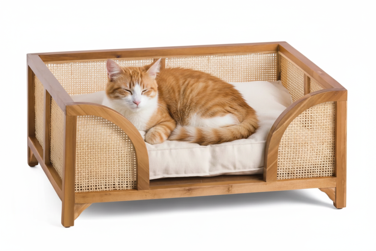 Nori Nest Teak & Rattan Cradle Pet Bed – lifestyle view – luxury rattan pet bed India – The Flamingo Life