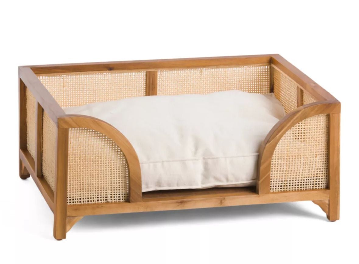 Nori Nest Teak & Rattan Cradle Pet Bed – side view – luxury rattan pet bed India – The Flamingo Life