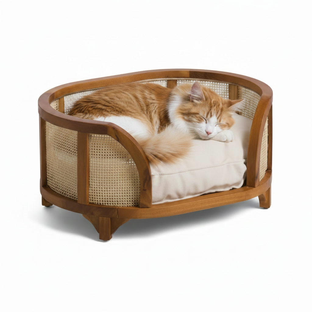 Mochi Meadow Rattan Weave Pet Cushion Bed – lifestyle view – luxury rattan pet bed India – The Flamingo Life