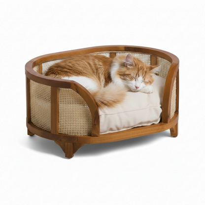 Mochi Meadow Rattan Weave Pet Cushion Bed – lifestyle view – luxury rattan pet bed India – The Flamingo Life