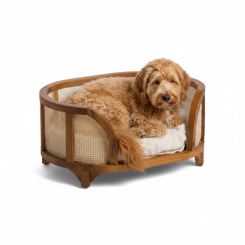 Mochi Meadow Rattan Weave Pet Cushion Bed – front view – luxury rattan pet bed India – The Flamingo Life
