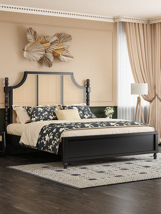 Aranya Upholstered Japandi Rattan Bed – front view – luxury rattan bed India – The Flamingo Life