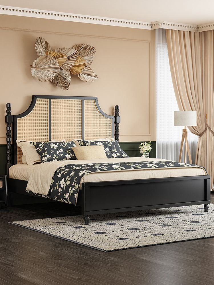 Aranya Upholstered Japandi Rattan Bed – front view – luxury rattan bed India – The Flamingo Life
