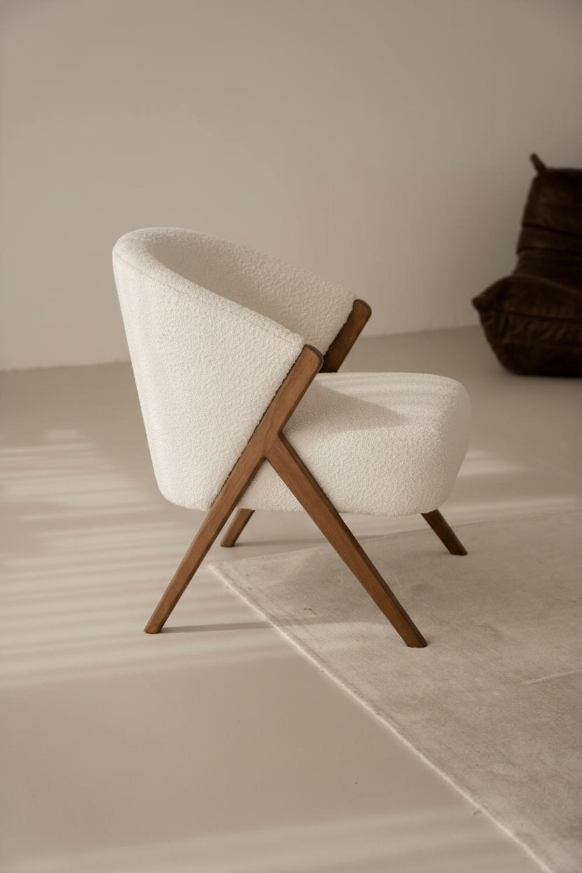 Sora Arc Velvet Boucle Chair – side view – luxury accent chair India – The Flamingo Life
