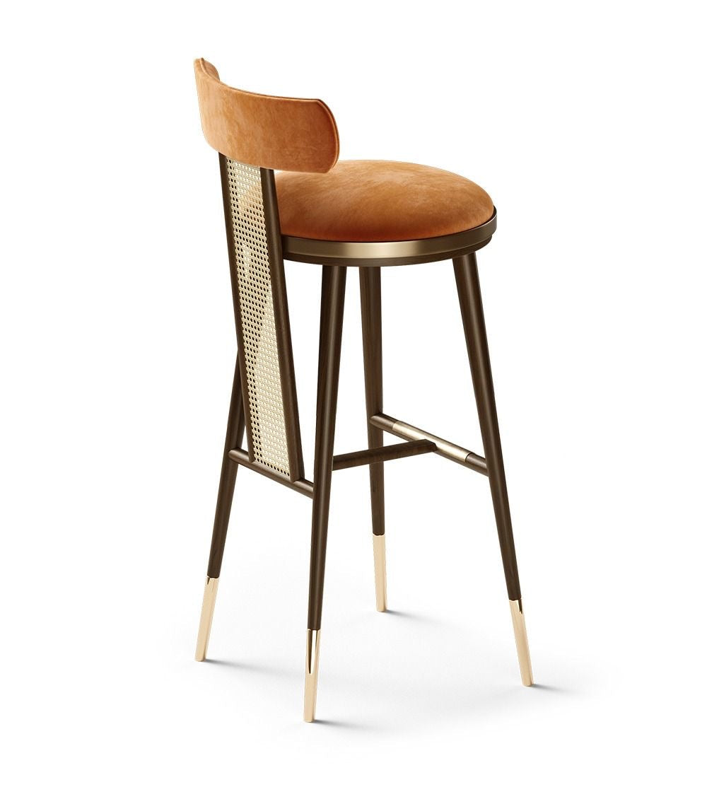 Bar stool with brown cushioned seat and backrest on a white background