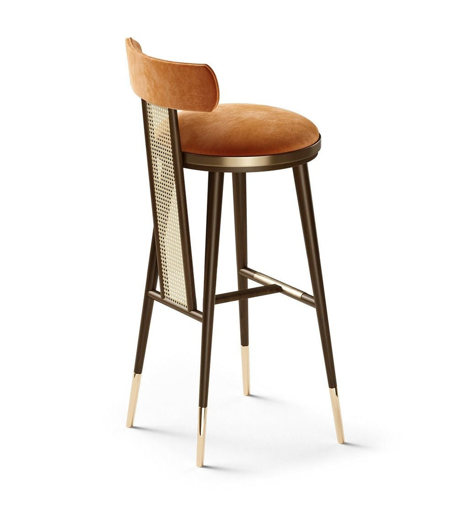 Nora Saddle Bar Stool with Rattan Detailing Japandi Suede