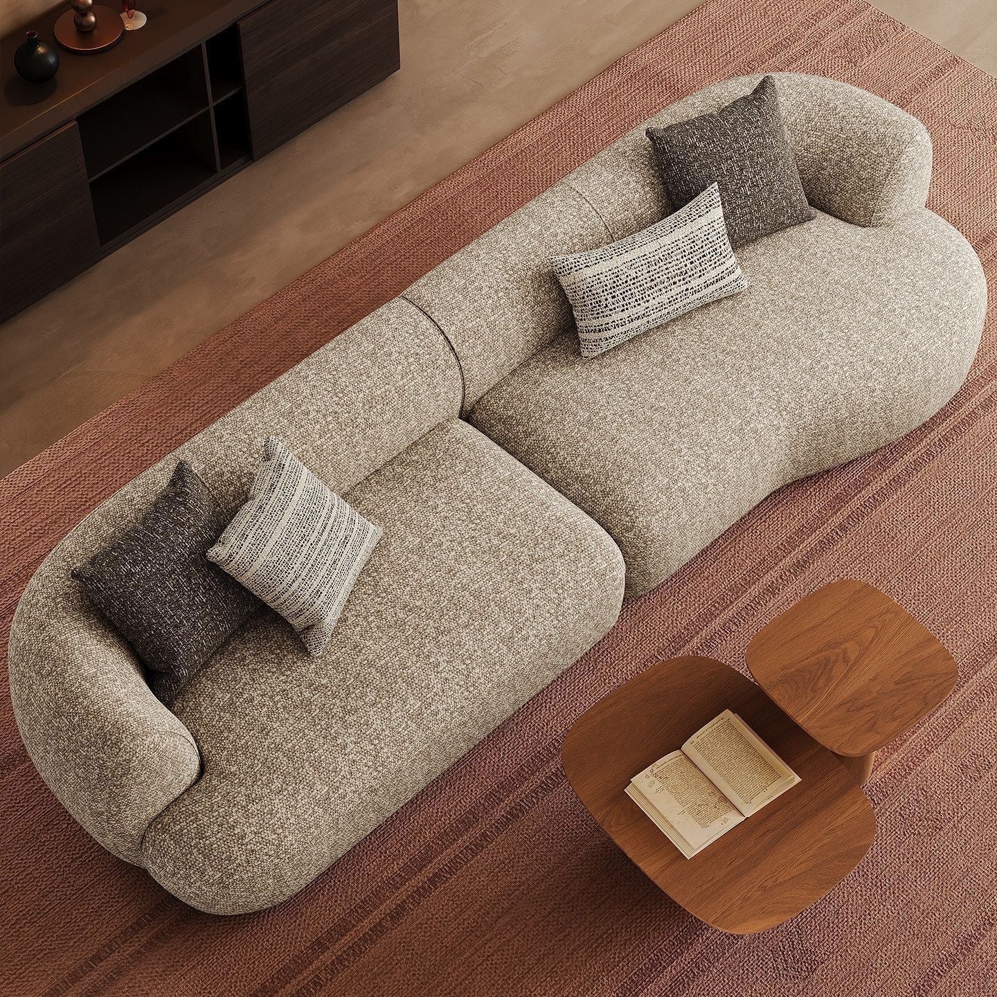 Kumo Curved Suede Sofa living room view - suede fabric sofa - The Flamingo Life